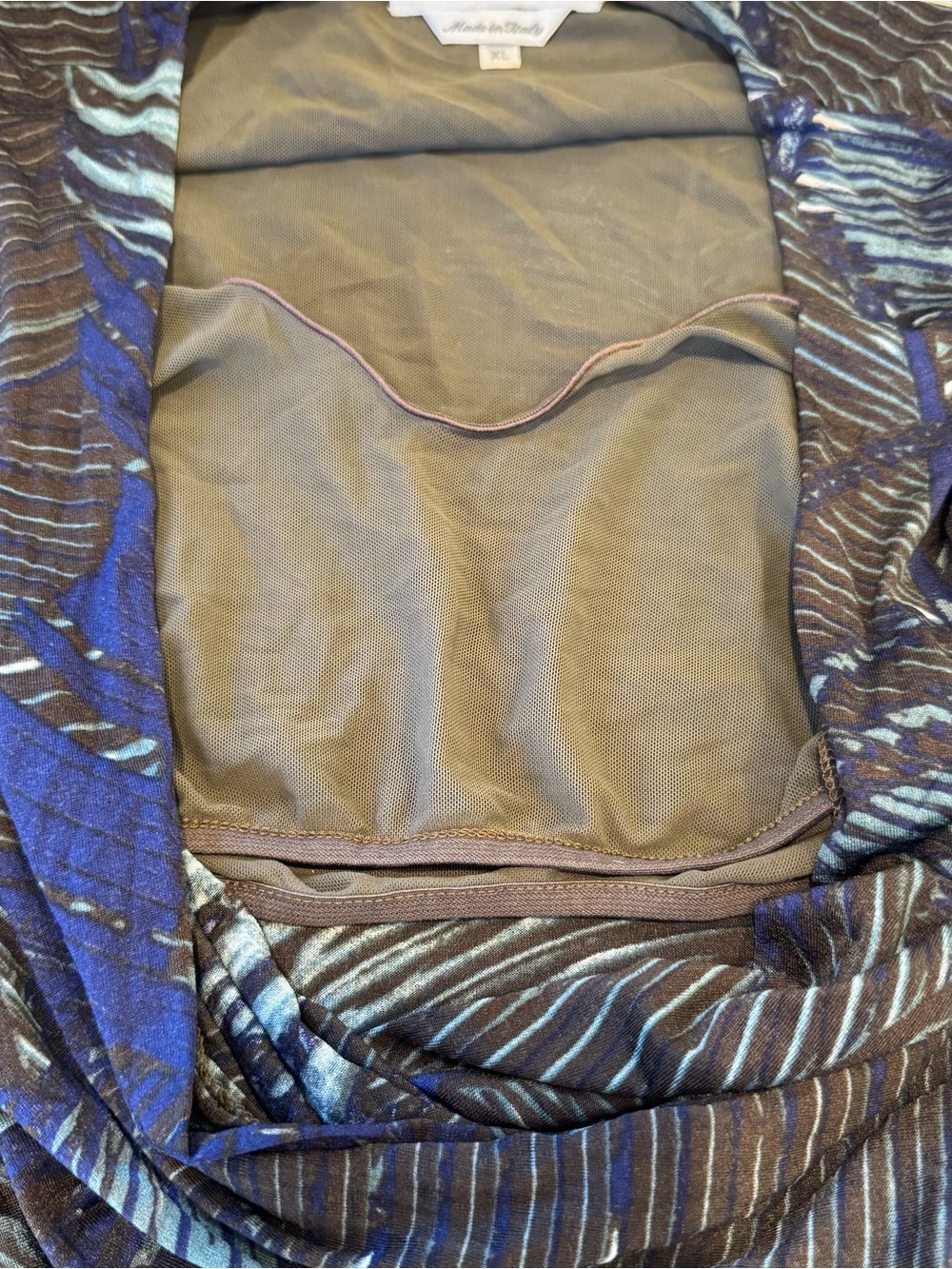 Max Mara Italy Draped Faux Wrap Top XL Blue Brown Abstract Jersey Quiet Luxury - Picture 7 of 13